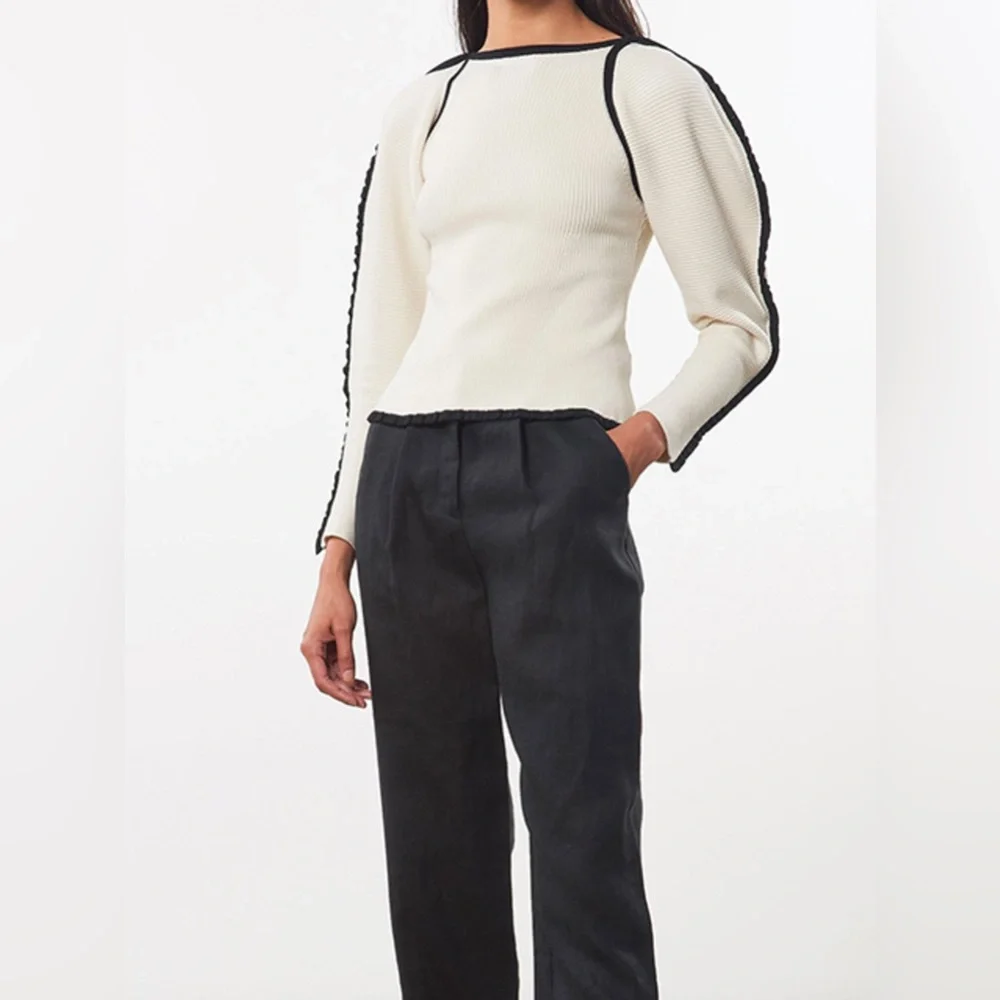 Mara Hoffman Nova Sweater in Ivory Ribbed Puff Sleeve Knit Stretch Pullover - Picture 2 of 7